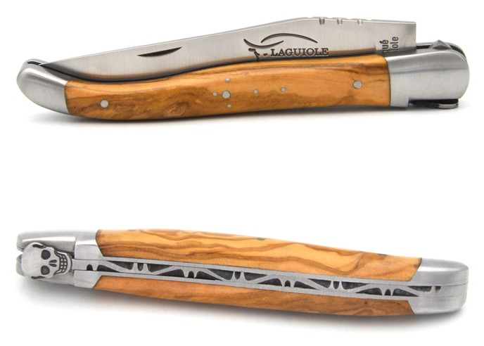 Laguiole pocket knife, 12 cm, skull N°3, olive wood handle