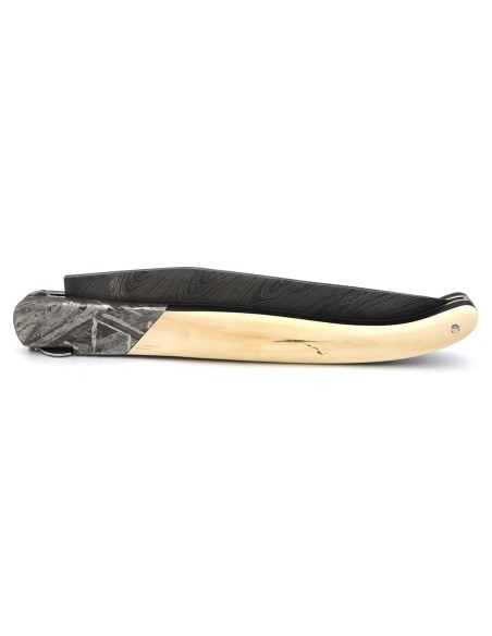 Laguiole pocket knife, 12 cm, "wild" Damascus steel blade,  bee and spring chiseled with file, 1 front meteorite steel bolster