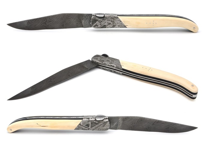 Laguiole pocket knife, 12 cm, "wild" Damascus steel blade,  bee and spring chiseled with file, 1 front meteorite steel bolster