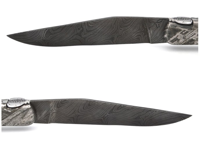 Laguiole pocket knife, 12 cm, "wild" Damascus steel blade,  bee and spring chiseled with file, 1 front meteorite steel bolster