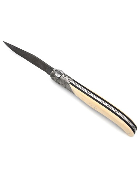 Laguiole pocket knife, 12 cm, "wild" Damascus steel blade,  bee and spring chiseled with file, 1 front meteorite steel bolster