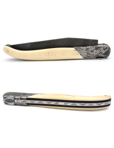 Laguiole Klappmesser, 12cm, Damast wildem Muster,  Biene und Feder mit Meißel handziseliert, vordere Heftbacke aus Meteorite