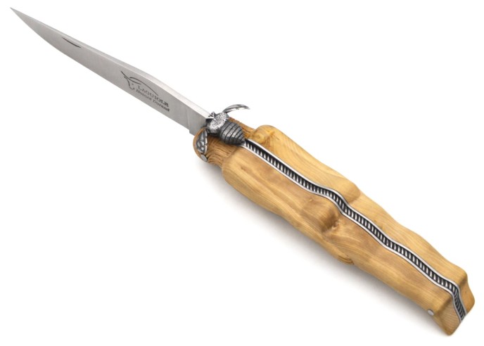 Laguiole pliant 12 cm, manche sculpté en buis, abeille mécanique