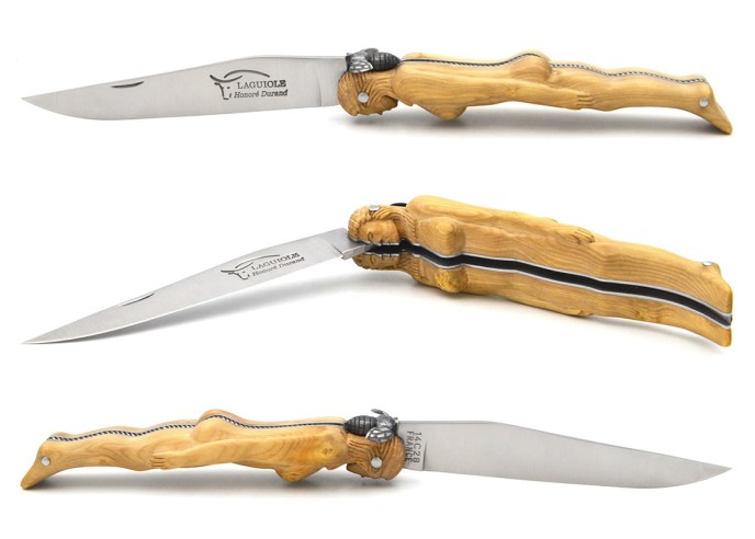 Laguiole folding knife 12 cm, sculpted boxwood handle, mechanical bee