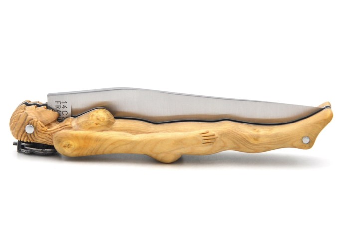Laguiole Klappmesser 12 cm, geschnitzter Griff aus Buchsbaumholz, mechanische Biene