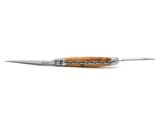 Laguiole pliant 12 cm, fleur de lys, lame et poinçon, manche genévrier