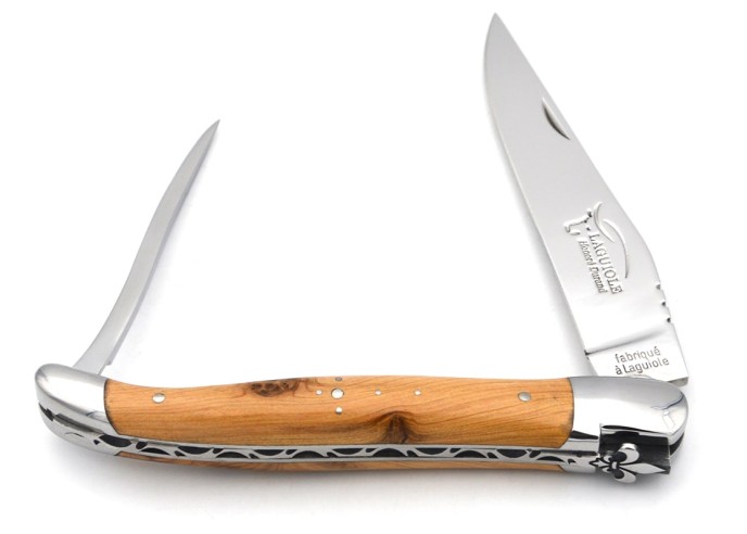 Laguiole knife, 12 cm, Lys flower, blade and awl, juniper handle