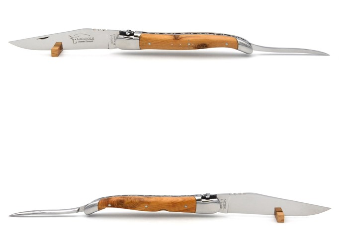 Laguiole pliant 12 cm, fleur de lys, lame et poinçon, manche genévrier