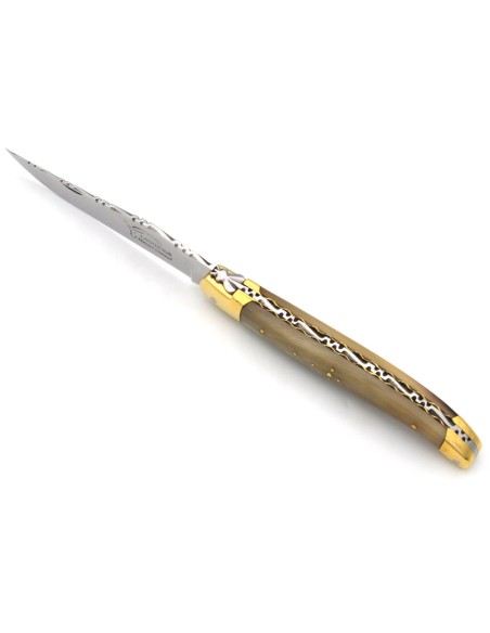 Laguiole 13cm, unten und oben ziselierte, Heftbacken aus Messing, Hornspitze