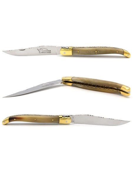 Laguiole pocket knife, 13 cm, forged bee, top and bottom chiseling, horn tip handle with brass bolsters