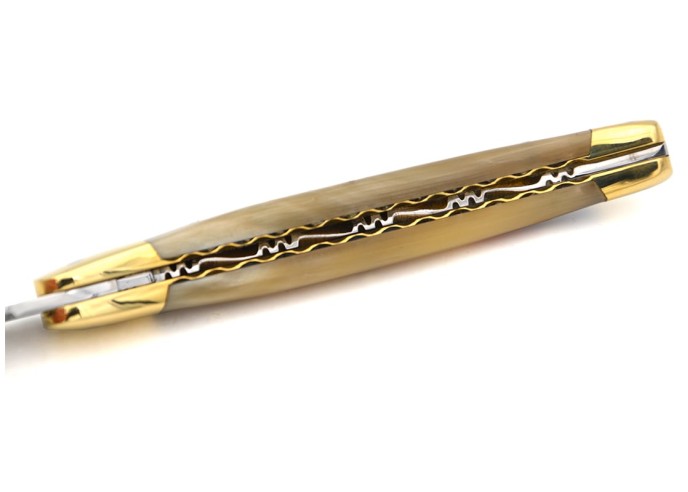 Laguiole pocket knife, 13 cm, forged bee, top and bottom chiseling, horn tip handle with brass bolsters