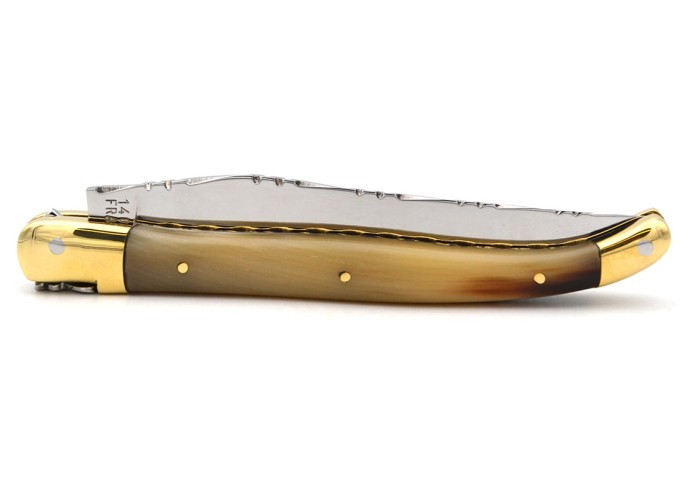 Laguiole pocket knife, 13 cm, forged bee, top and bottom chiseling, horn tip handle with brass bolsters