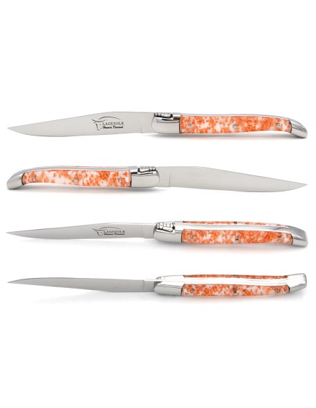 Laguiole steak knives, copper foil inclusion handle with shiny bolsters