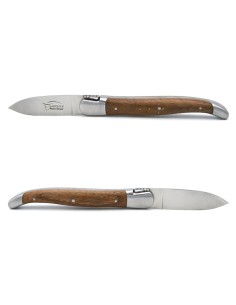 Laguiole oyster knife with matt stainless steel bolsters. Walnut handle
