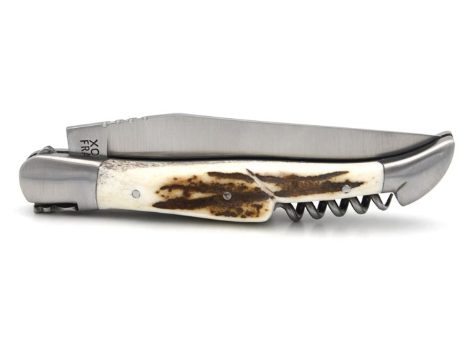 Laguiole pocket knife, 12 cm, blade and corkscrew, deer antler handle with matt bolsters