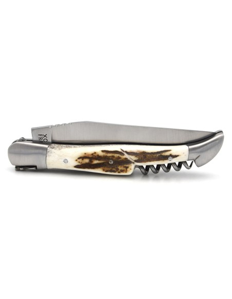 Laguiole pocket knife, 12 cm, blade and corkscrew, deer antler handle with matt bolsters