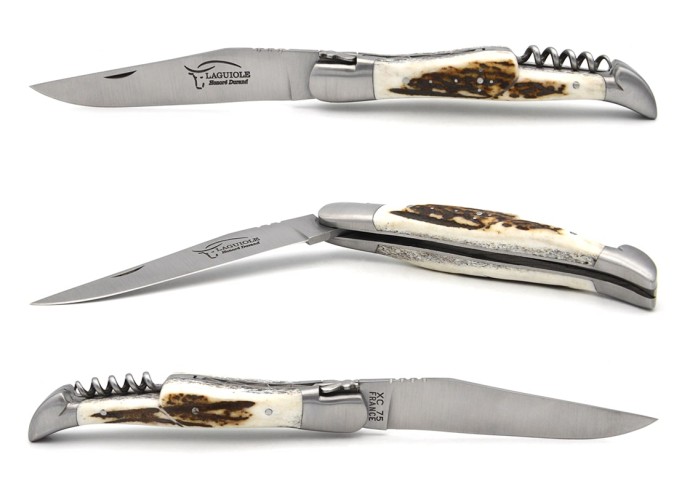 Laguiole pocket knife, 12 cm, blade and corkscrew, deer antler handle with matt bolsters