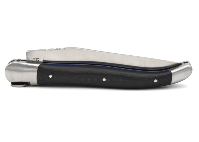 Laguiole knife 12 cm, steering wheel, carbon fiber & blue spacer handle