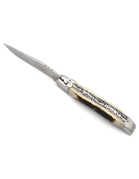 Laguiole pocket knife, 12 cm, chiseled doubles plates, deer antler handle with shiny bolsters