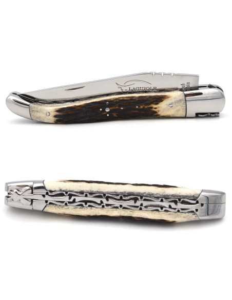 Laguiole pocket knife, 12 cm, chiseled doubles plates, deer antler handle with shiny bolsters