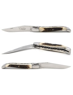 Laguiole 12 cm, lame seule, doubles platines ciselées, bois de cerf 2