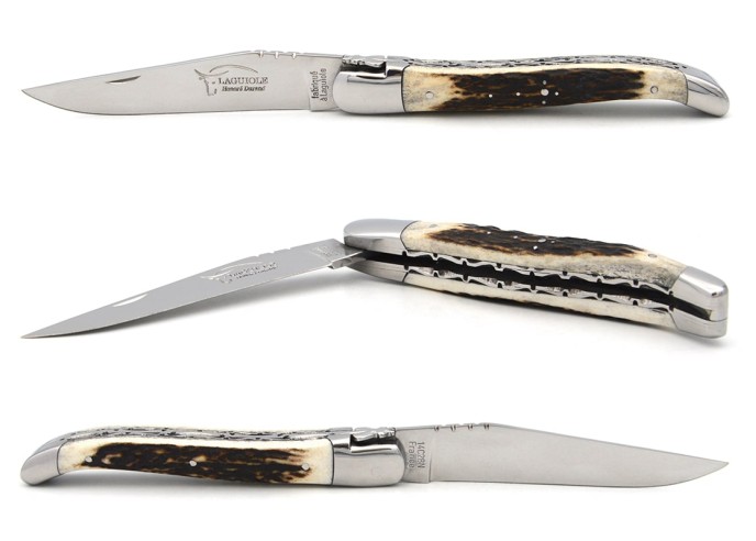 Laguiole 12 cm, lame seule, doubles platines ciselées, bois de cerf
