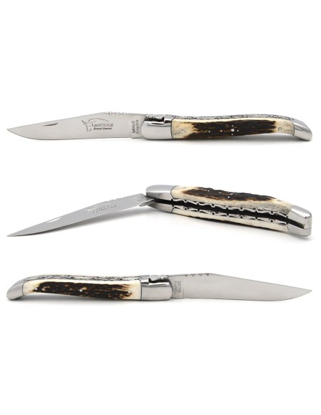 Laguiole 12 cm, lame seule, doubles platines ciselées, bois de cerf