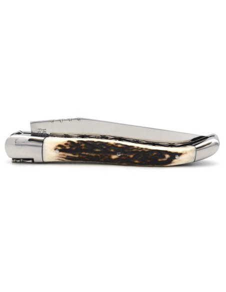 Laguiole pocket knife, 12 cm, chiseled doubles plates, deer antler handle with shiny bolsters