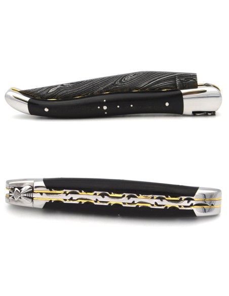 Laguiole in ebony, classic forged bee n°2, damascus blade, double plates