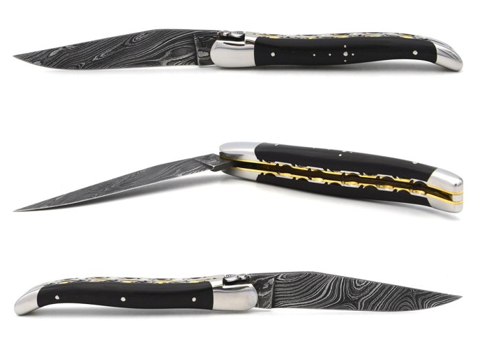 Laguiole en ébène, abeille classique n°2, lame damas, doubles platines