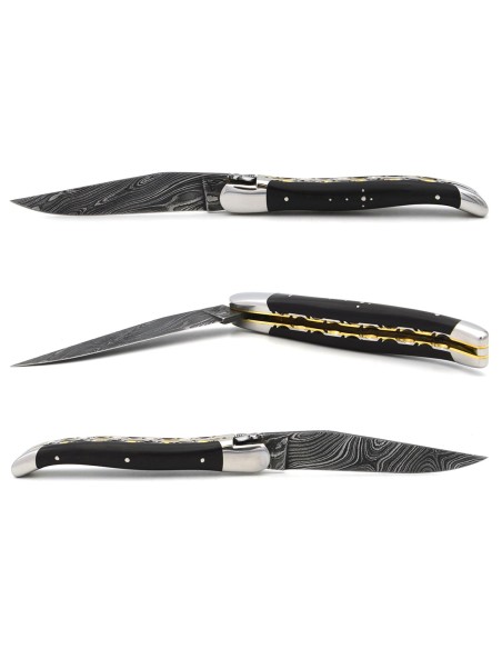 Laguiole in ebony, classic forged bee n°2, damascus blade, double plates