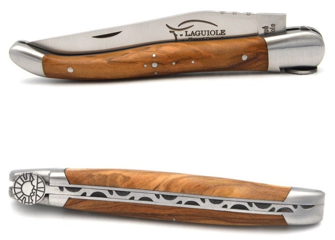 Laguiole pocket knife, 12 cm, bee with sun motif, olive wood handle