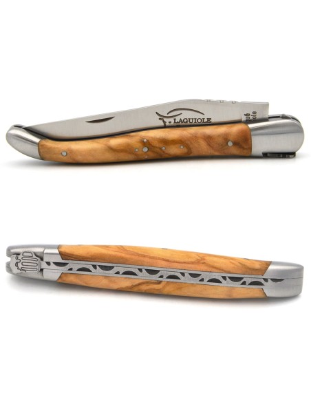 Laguiole pocket knife, 12 cm, bee with beer motif, olive wood handle