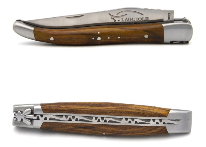 Laguiole pliant, 10cm, abeille forgée, manche bois de pistachier