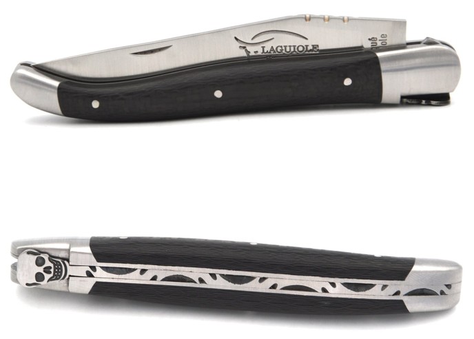 Laguiole pocket knife 12 cm, skull N°3, carbon fiber handle