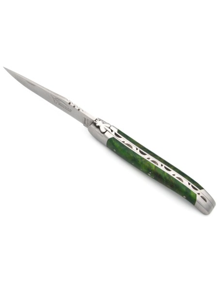 Laguiole pocket knife, 12 cm, forged bee, green stabilized wood handle