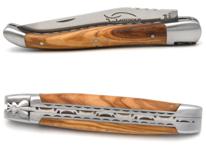 Laguiole knife 12 cm in olive wood, triple plates in stainless steel