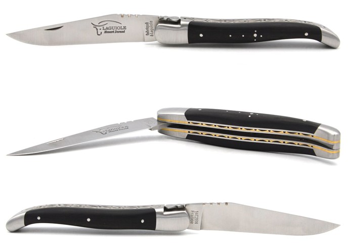 Laguiole pliant 12 cm en ébène, triples platines inox-laiton