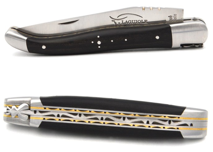 Laguiole pliant 12 cm en ébène, triples platines inox-laiton
