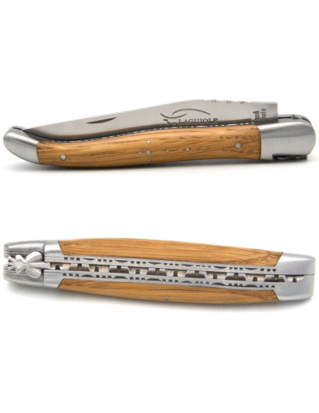 Laguiole pliant 12 cm en chêne de barrique, triples platines inox