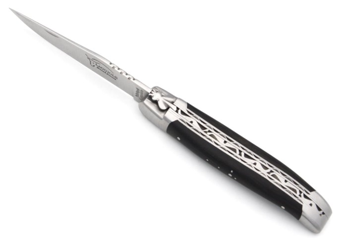 Laguiole knife 12 cm in ebony wood, triple plates in stainless steel