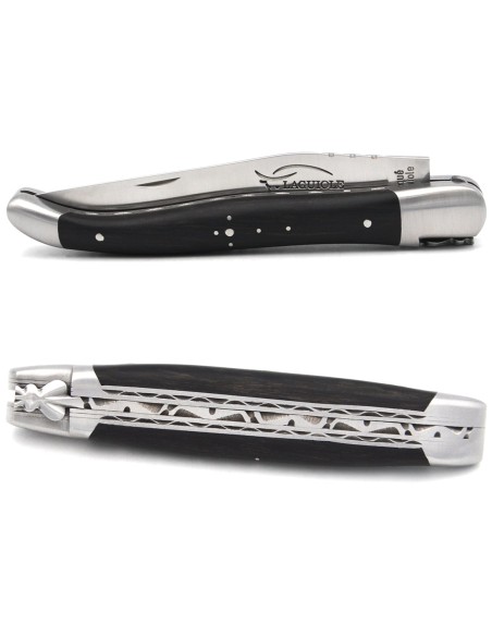 Laguiole pliant 12 cm en ébène, triples platines inox, abeille forgée