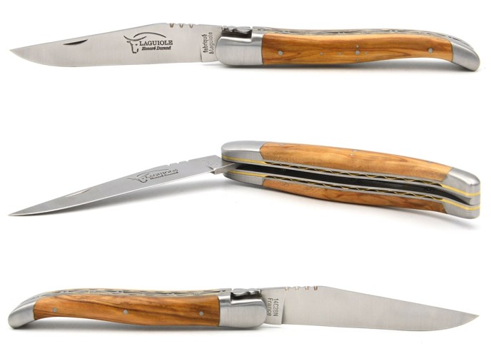 Laguiole 12 cm in olive wood, triple plates in stainless steel-brass