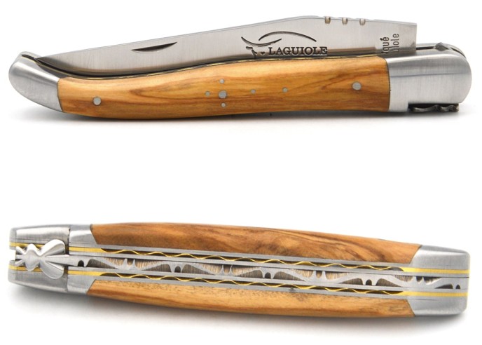 Laguiole 12 cm in olive wood, triple plates in stainless steel-brass
