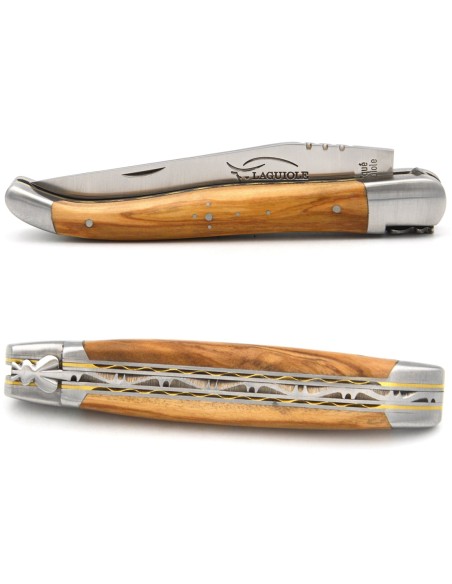 Laguiole 12cm, Olivenholz, Dreifachen Platinen aus Edelstahl-Messing