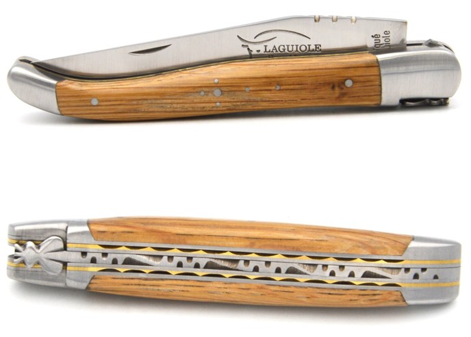 Laguiole 12 cm in barrel oak, triple plates in stainless steel-brass