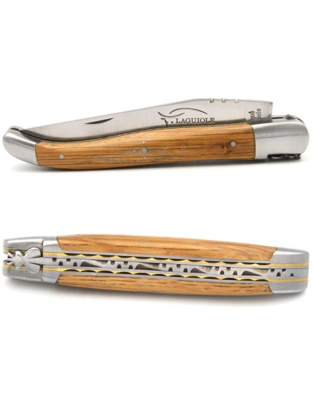 Laguiole 12 cm en chêne de barrique, triples platines inox-laiton
