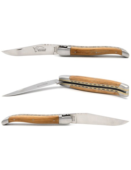Laguiole 12 cm en chêne de barrique, triples platines inox-laiton