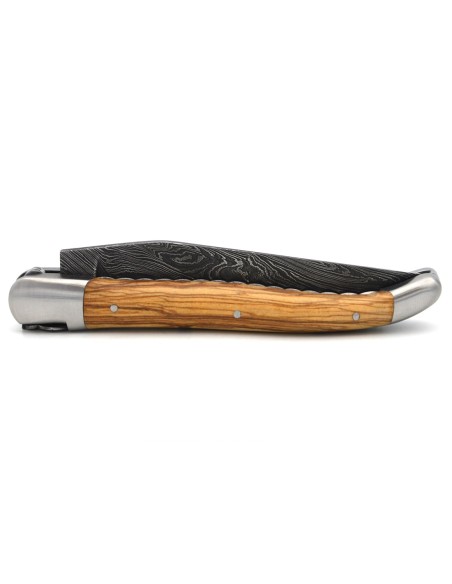 laguiole 12cm damast klinge biene und feder mit meissel handziseliert griff aus Olivenholz