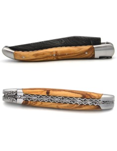 laguiole pliant 12cm lame damas sauvage abeille et ressort ciseles burin manche en olivier 2